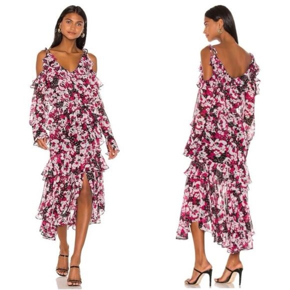 Misa Los Angeles Pink and Black Off the Shoulder Dress